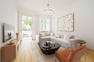 Wohnzimmer eingerichtet - nach dem virtuellen Homestaging - Immobiliefotografie